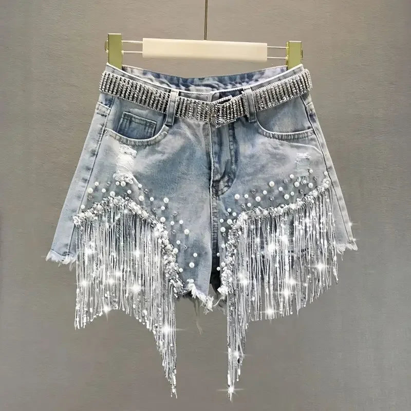 Denim Shorts Women's 2025 Summer Clothes New European High Waist Thin Heavy Industry Beaded Sequined Fringed Broken Copper Jeans